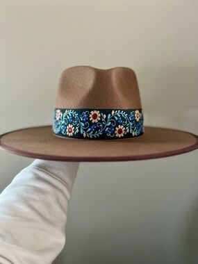 Luna Bloom Lennon Brown Felt Hat with Floral Embroidered Band